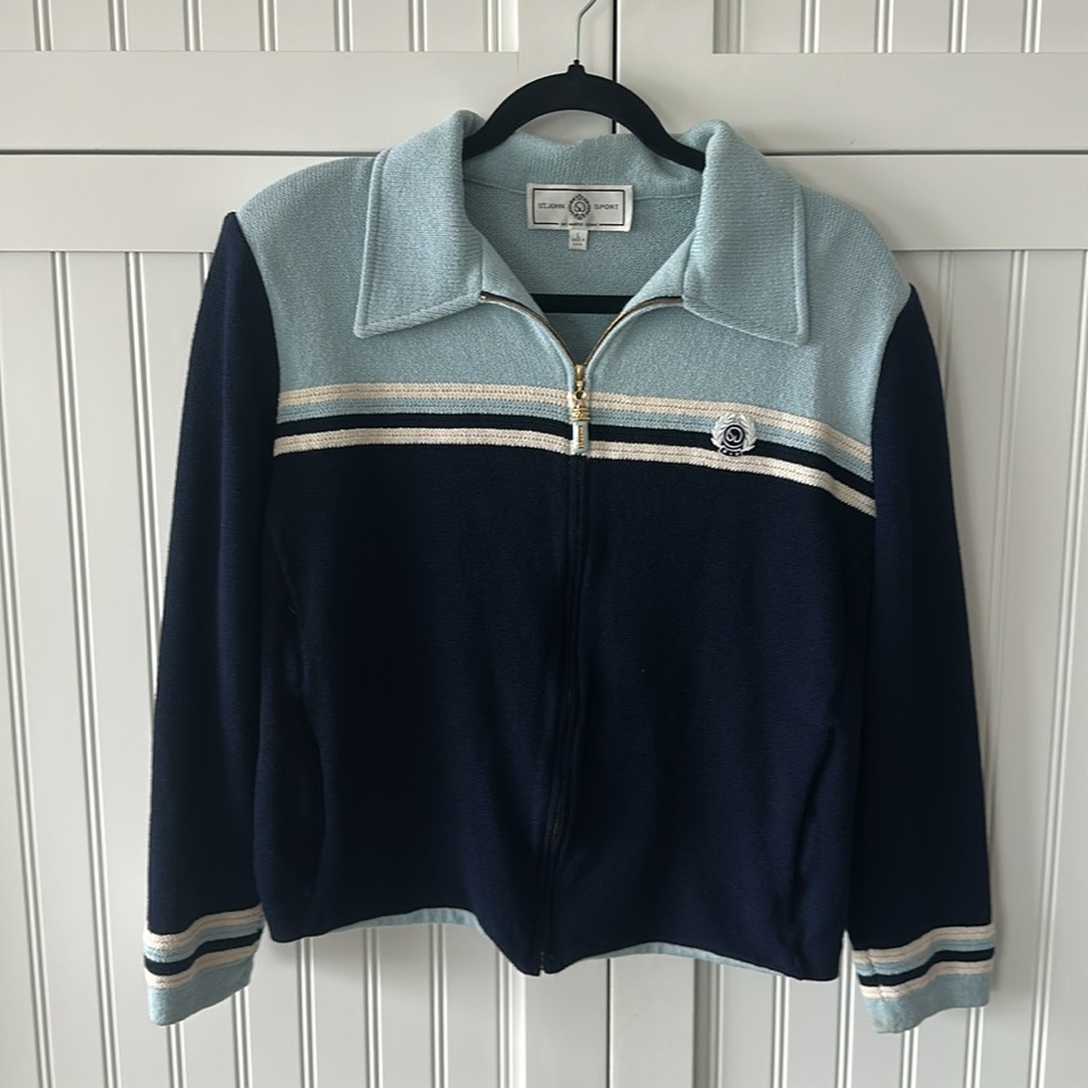 ST. JOHN Santana Knit Logo Crest Colorblock Full Zip Jacket